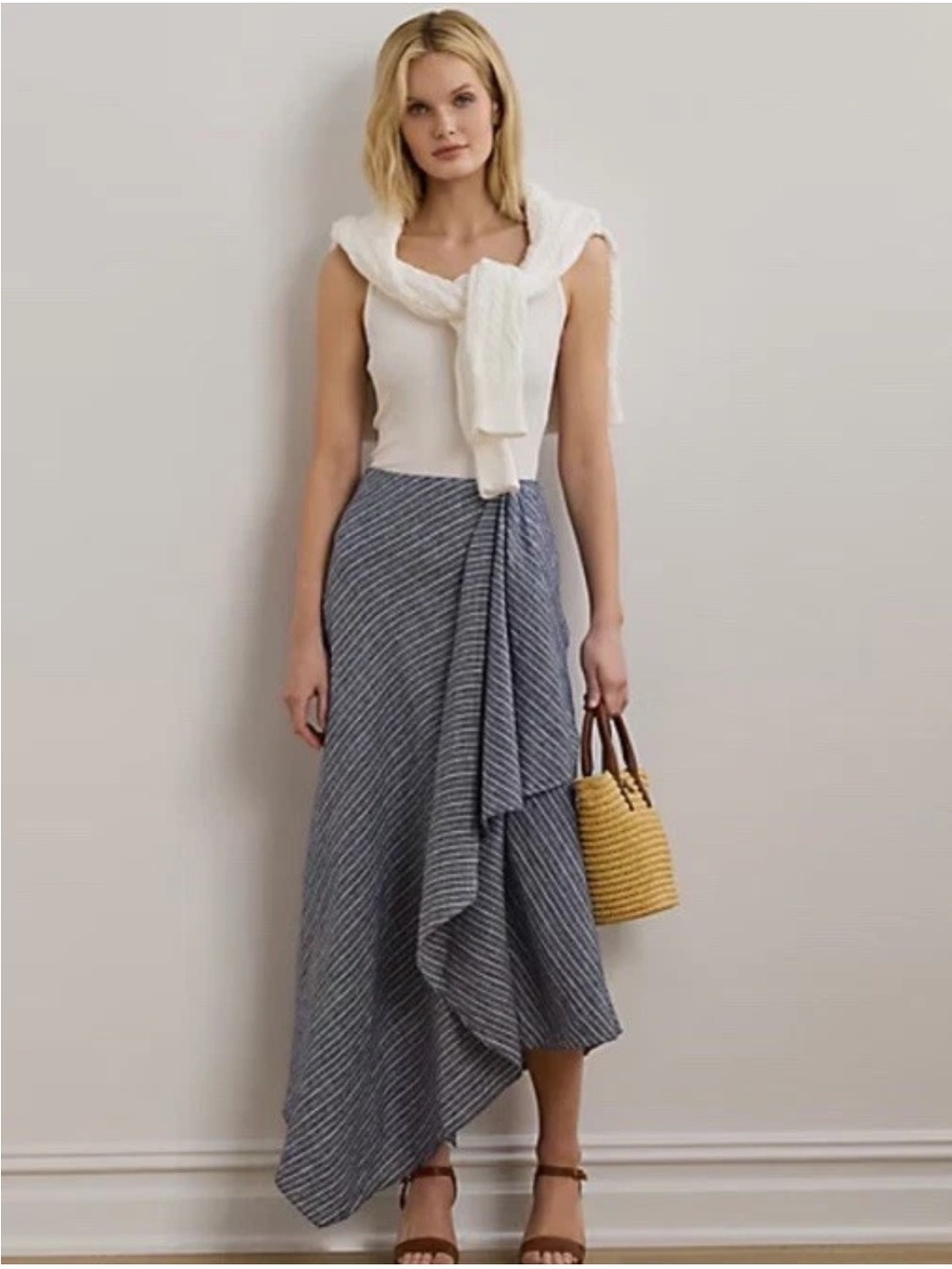 Lauren Ralph Lauren Blue-Striped Asymmetric Midi Skirt